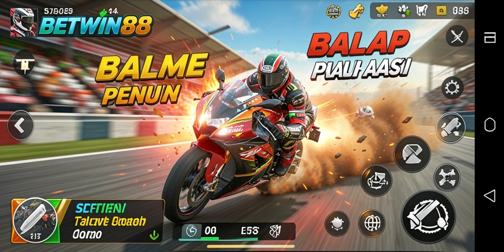 Screenshot utama BETWIN88 menampilkan aksi balap motor yang seru.