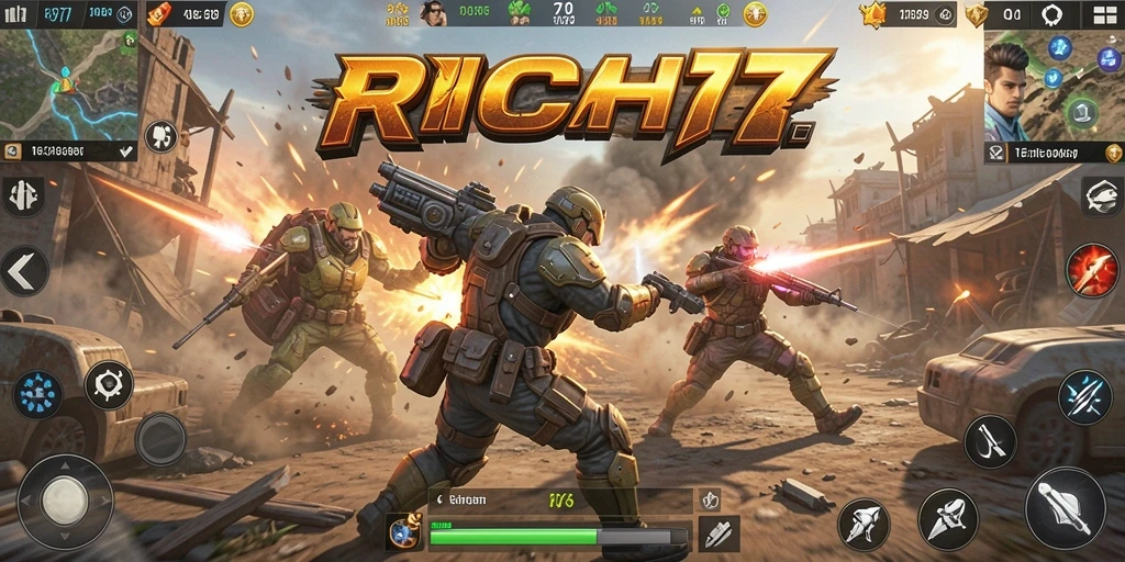 Screenshot RICH7 menampilkan aksi pertempuran dinamis dan seru di medan perang.