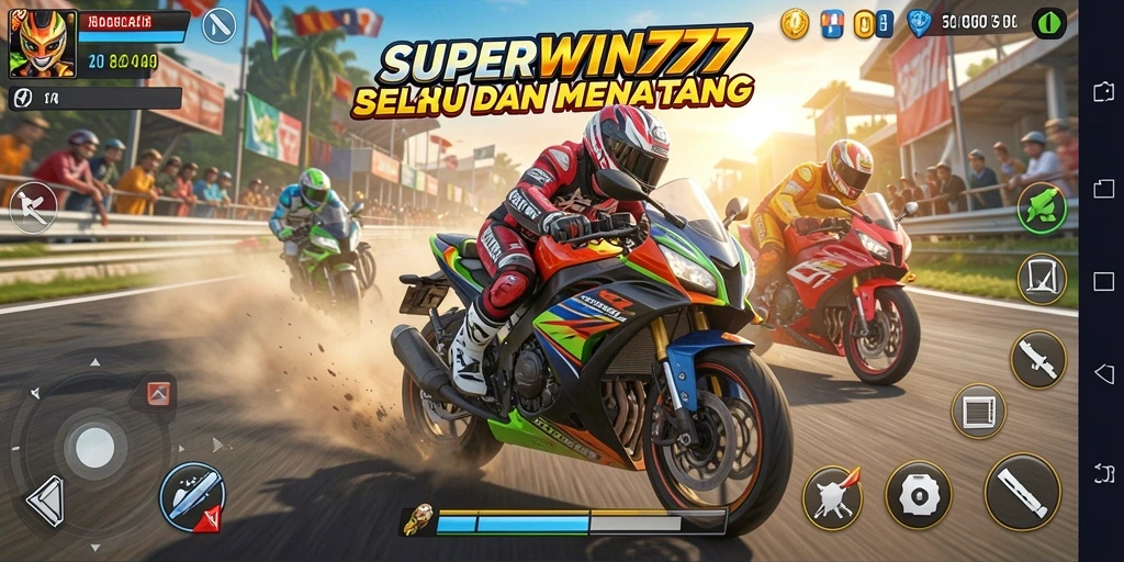 Gameplay mendebarkan dalam SUPERWIN777 yang menunjukkan aksi balapan motor.