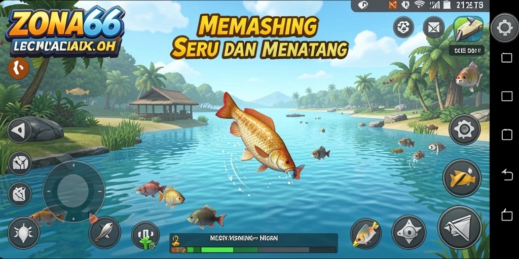 Screenshot gameplay ZONA66 menampilkan aksi menangkap ikan dengan grafis menawan.